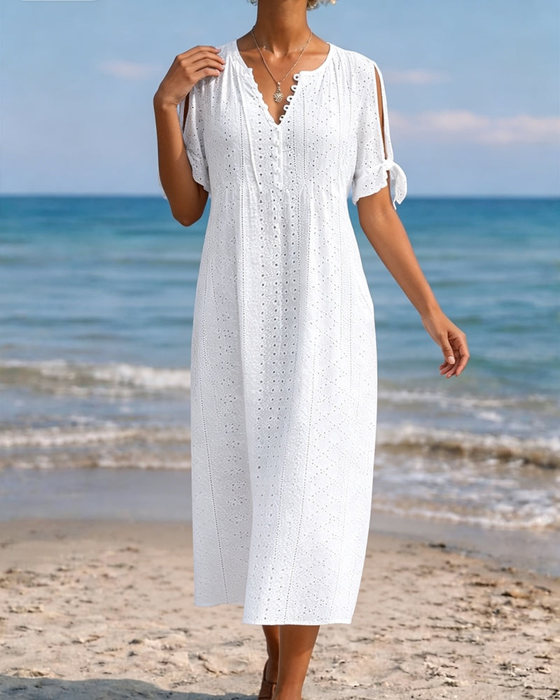 Hollow Out V Neck Tie Side Slit Cold Shoulder Dress