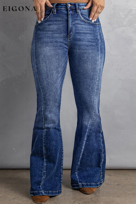 Dark Blue Plus Size Stitching Washed Flare Jeans Dark Blue 71%Cotton+27.5%Polyester+1.5%Elastane All In Stock bottoms clothes Fabric Denim Flare Jeans Jeans Occasion Daily pants Print Solid Color Season Spring Silhouette Flare Style Casual wide leg pants