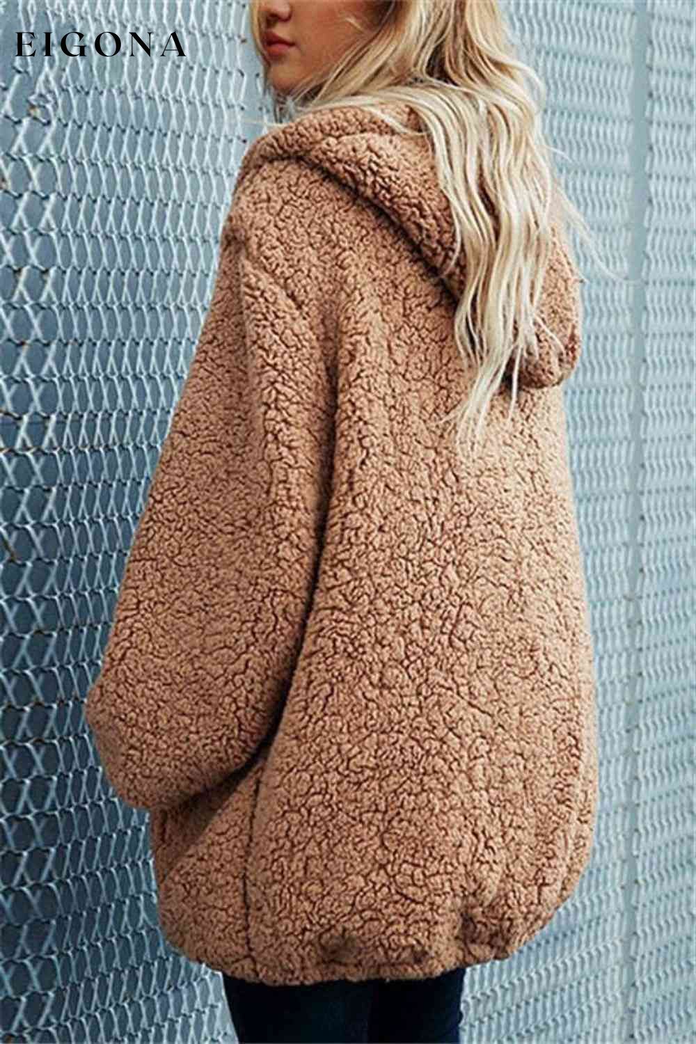 Full Size Half Zip Up Teddy Hoodie Jacket Sweater with Front Pocket clothes Jackets & Coats R@R Ship From Overseas