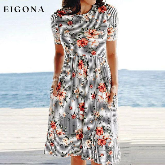 Floral And Striped Dress Gray best Best Sellings casual dresses clothes Plus Size Sale short dresses Topseller