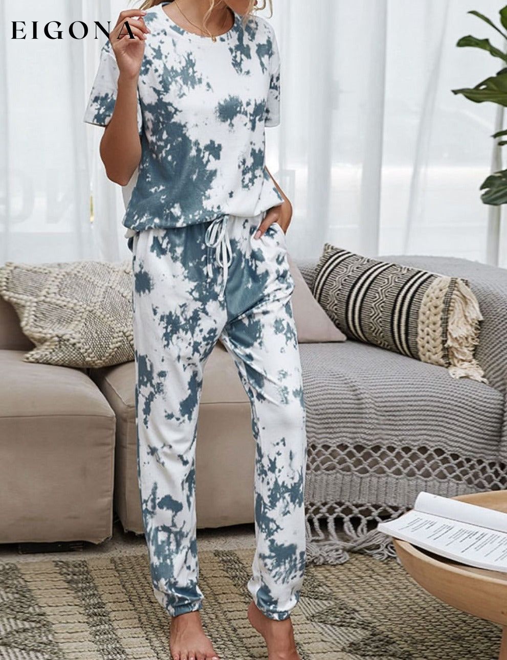 Tie-Dye Tee and Drawstring Waist Joggers Lounge Set Cloudy Blue 2 piece clothes lounge lounge wear loungewear pajama pajamas Romantichut Ship From Overseas Shipping Delay 09/29/2023 - 10/04/2023