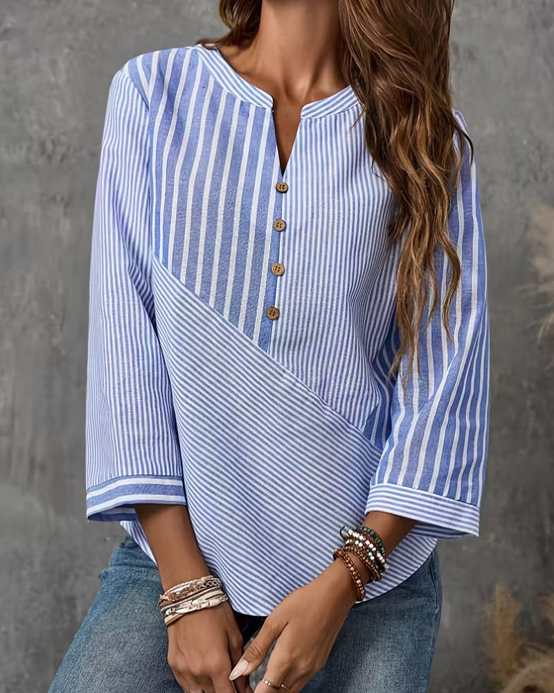 Button-Down V-Neck Striped Blouse