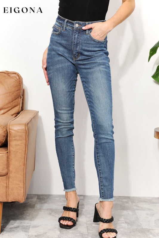 Full Size Tummy Control Side Slit & Fray Hem Skinny Jeans Medium bottoms clothes Jeans Judy Blue Ship from USA Women's Bottoms