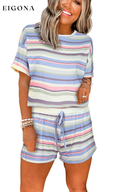White Striped Print Tee and Shorts Lounge Set 2 pieces All In Stock clothes Occasion Home Print Stripe Season Summer set shorts set Style Casual
