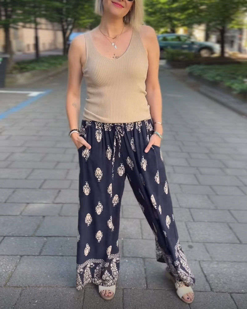 Vintage print drawstring casual trousers 202466 pants spring summer