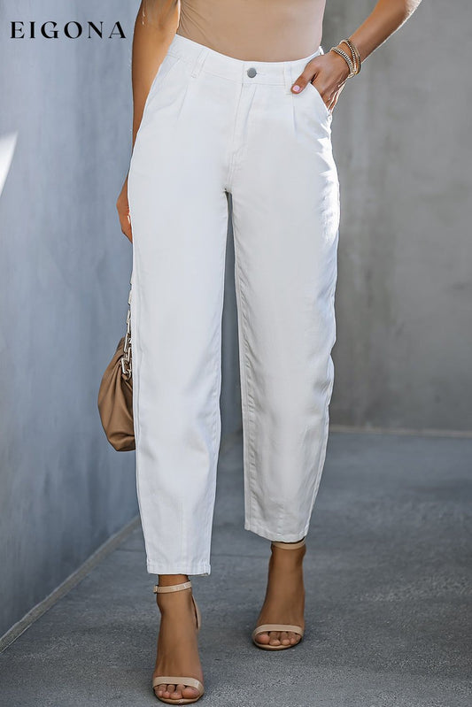 White Solid High Waist Casual Pants White 98%Cotton+2%Elastane bottoms clothes DL Exclusive Occasion Daily pants Print Solid Color Season Spring Silhouette Wide Leg Style Modern Women's Bottoms