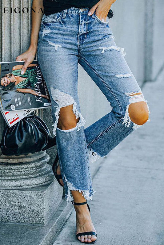 Sky Blue Ripped Knee Hole High Waist Jeans Sky Blue 70%Cotton+28.5%Polyester+1.5%Elastane All In Stock Best Sellers bottoms clothes Craft Distressed Early Fall Collection Fabric Denim Hot picks jeans Occasion Daily pants ripped knee Season Spring Style Casual