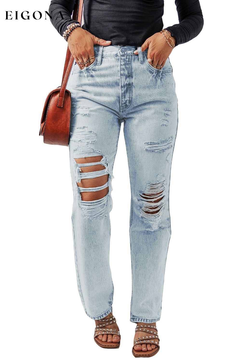 Beau Blue Vintage Acid Wash Distressed Straight Leg Ripped Jeans All In Stock bottoms clothes DL Chic EDM Monthly Recomend Jeans Occasion Daily pants Print Solid Color Style Casual Women's Bottoms