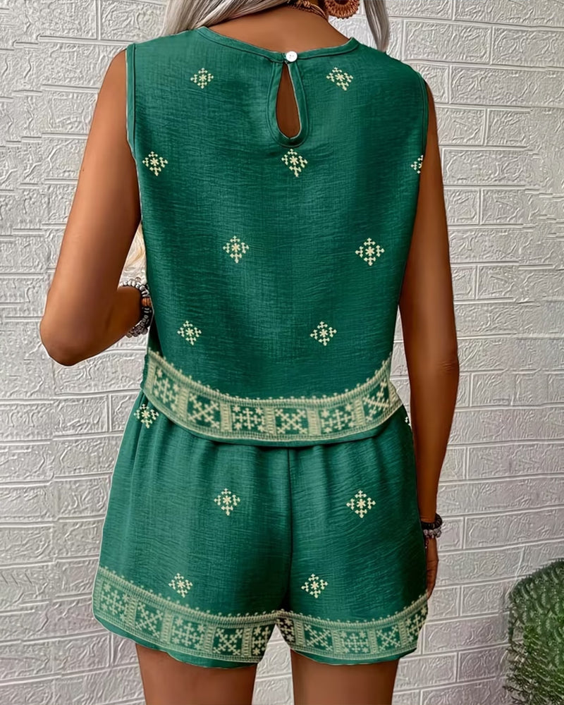 Sleeveless Crew Neck Printed Loose Set