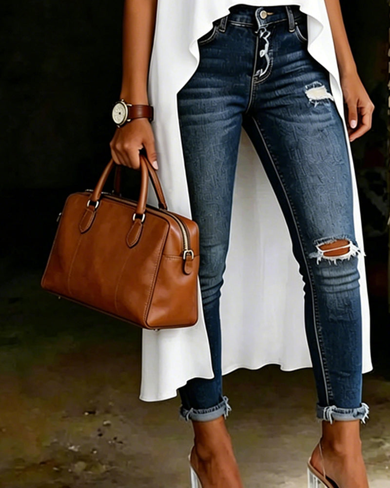 Hollow Out Asymmetrical Hem Sleeveless Blouse