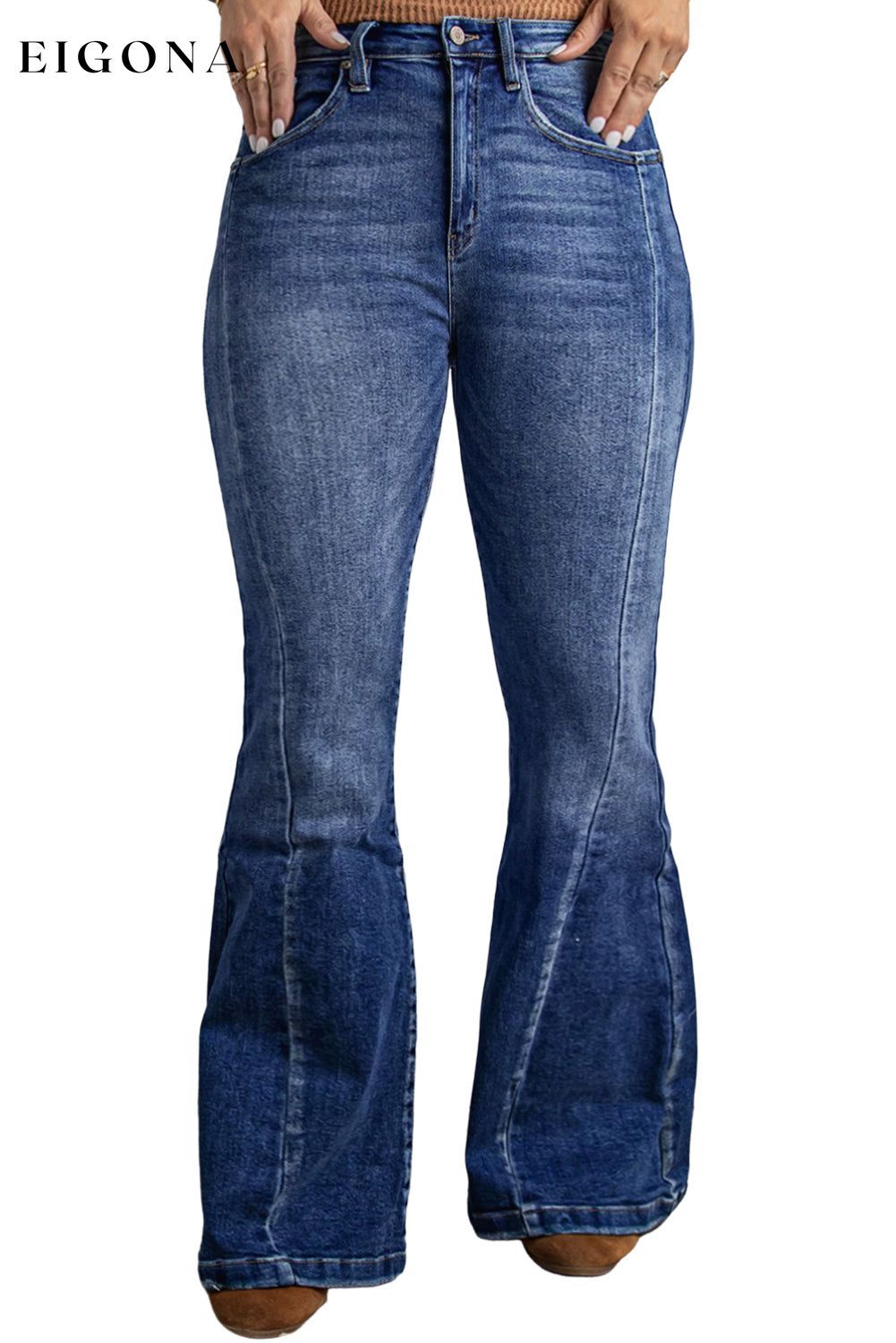 Dark Blue Plus Size Stitching Washed Flare Jeans All In Stock bottoms clothes Fabric Denim Flare Jeans Jeans Occasion Daily pants Print Solid Color Season Spring Silhouette Flare Style Casual wide leg pants