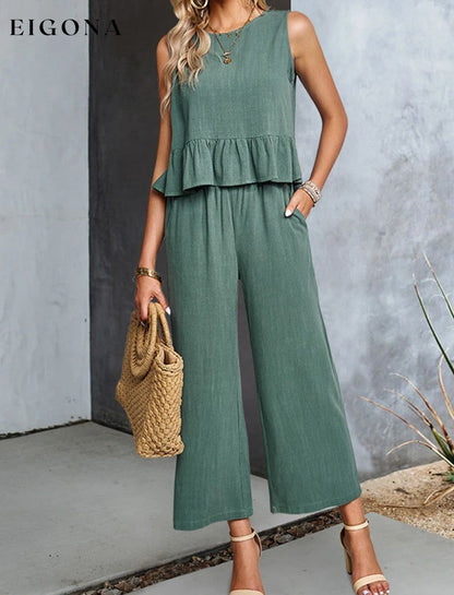 Decorative Button Ruffle Hem Tank and Pants Set Turquoise clothes DY sets Ship From Overseas trend