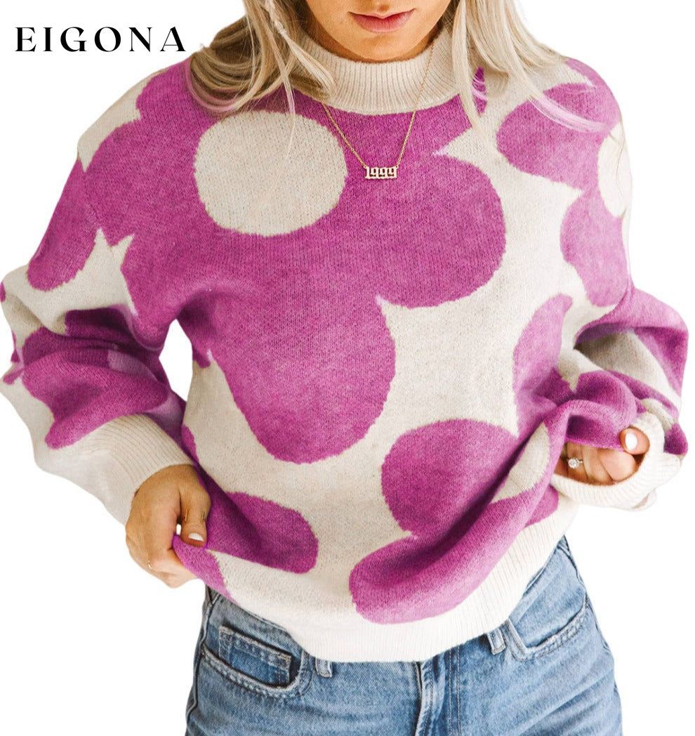 Bright Pink Big Flower Pattern Drop Shoulder Sweater clothes Color Pink Occasion Daily Print Floral Print Vintage Floral Season Fall & Autumn Style Southern Belle Sweater sweaters