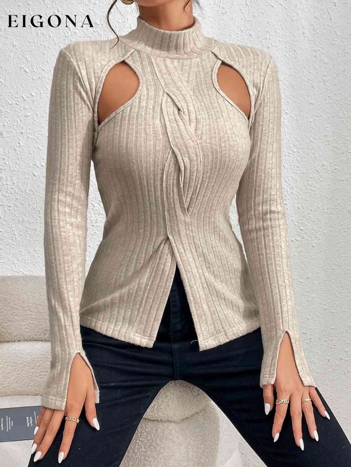 Cutout Mock Neck Long Sleeve Blouses clothes long sleeve shirt long sleeve shirts long sleeve top long sleeve tops nude shirt Ship From Overseas shirt shirts top tops Z&H