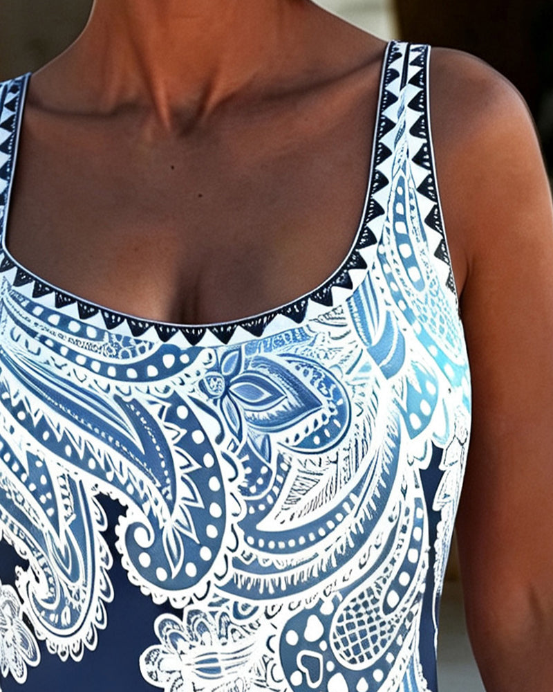 Strappy Leaf Print Color Block One Piece