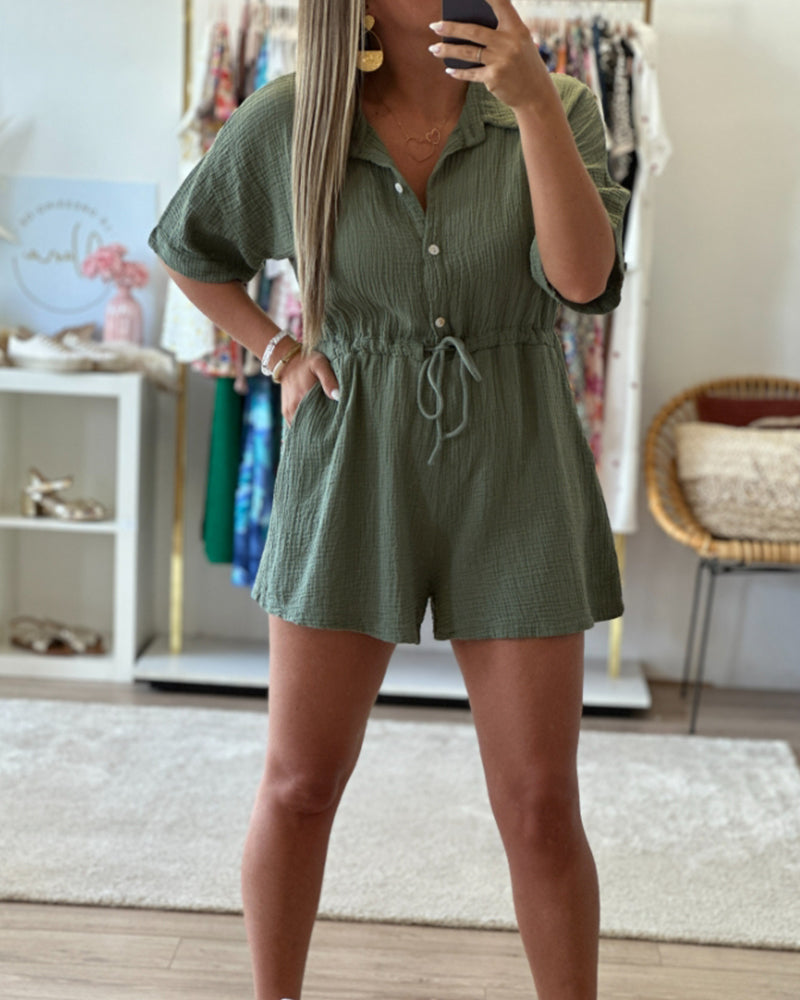 Solid Color Lapel Pleated Jumpsuit