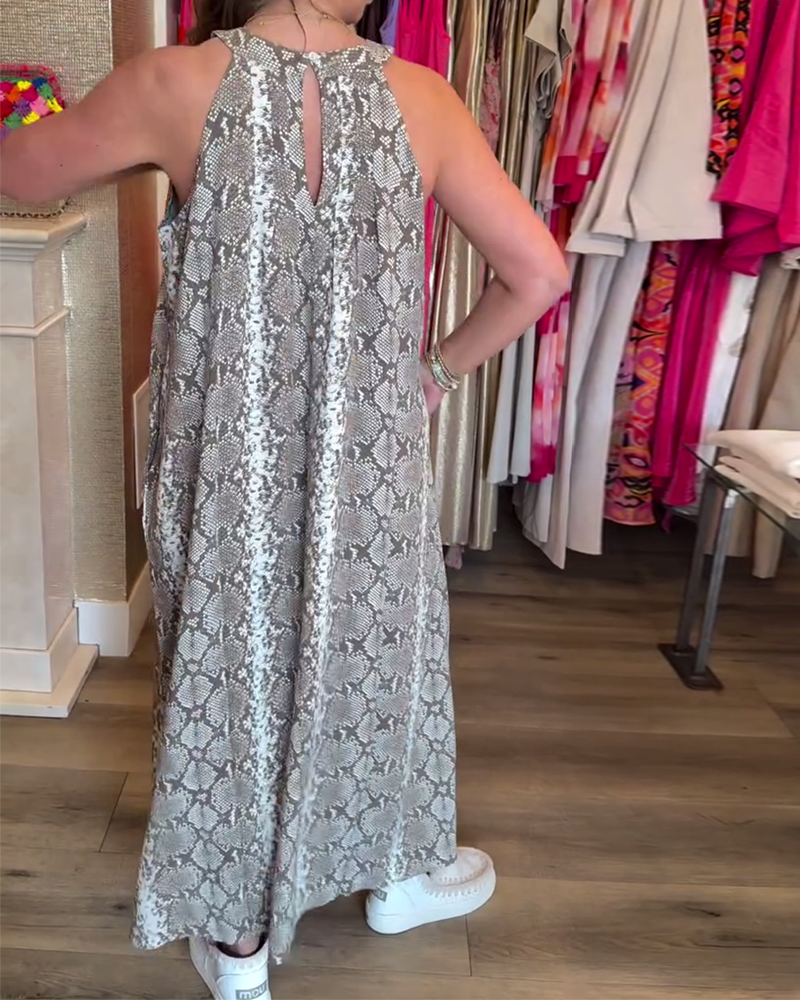 Elegant Sleeveless Halter Neck Printed Dress