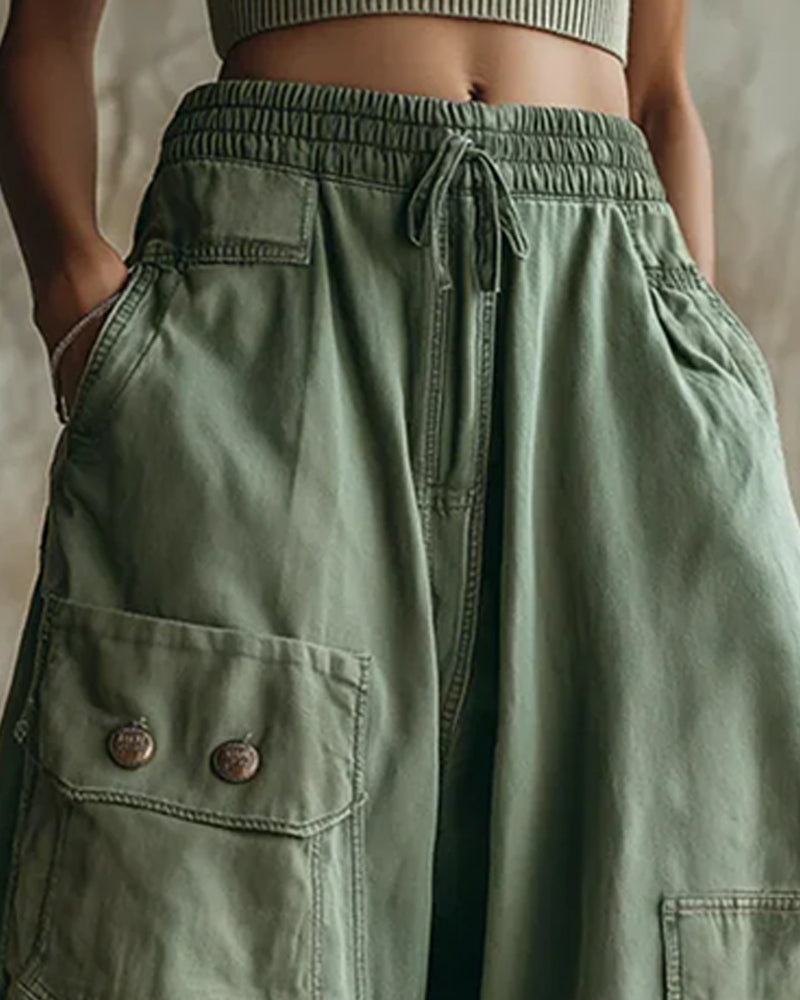 Elastic Waist Drawstring Cargo Wide Leg Pants
