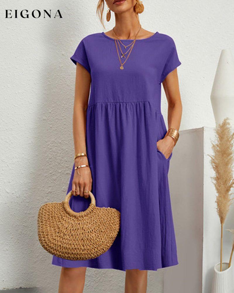 Round neck loose cotton and linen dress Purple 23BF casual dresses Clothes Cotton and Linen discount Dresses Spring summer