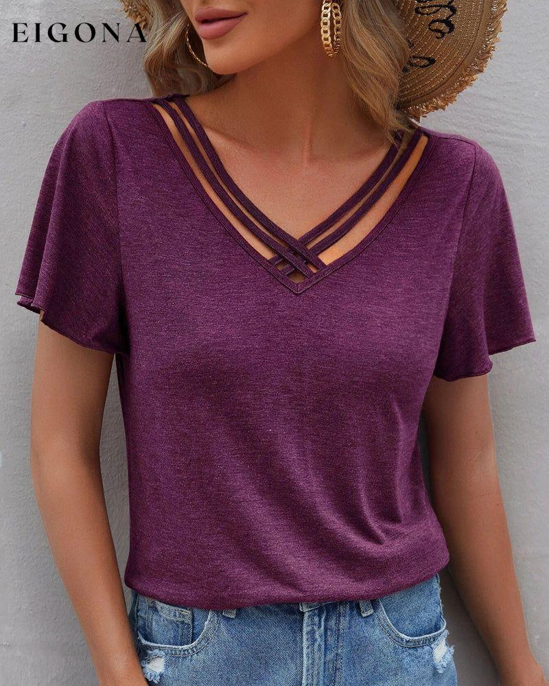 Solid color Cut Out T-shirt Burgundy 23BF clothes Short Sleeve Tops Summer T-shirts Tops/Blouses