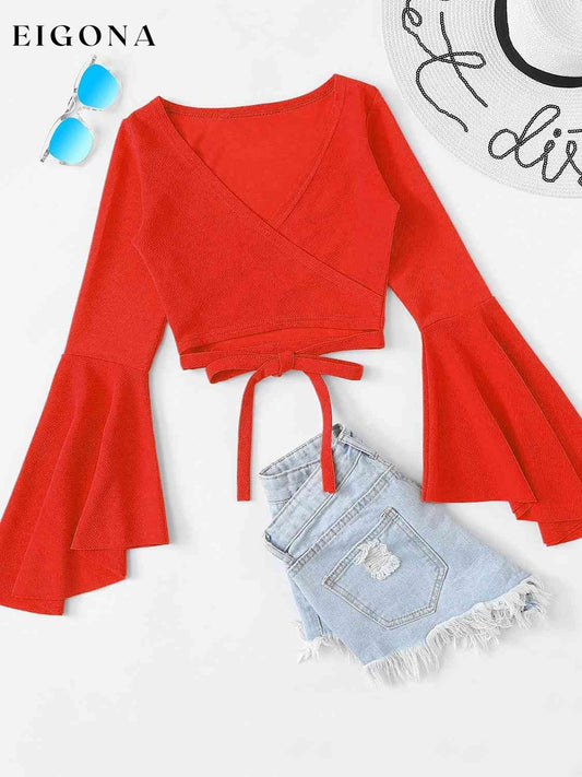 Tied Flare Sleeve Crop Top Red Orange clothes crop top crop tops croptop long sleeve long sleeve shirt long sleeve shirts long sleeve top Ship From Overseas Shipping Delay 09/29/2023 - 10/03/2023 shirt shirts top tops Z@Q