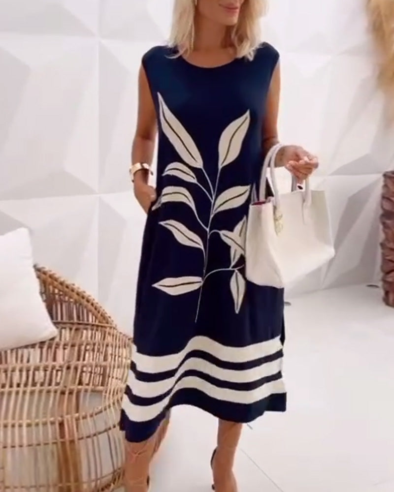 Elegant Sleeveless Leaf Print Dress