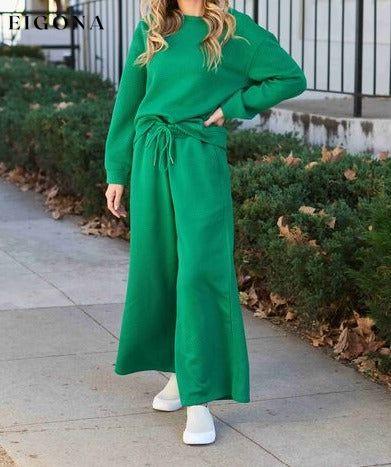 Double Take Full Size Textured Long Sleeve Top and Drawstring Pants Set Mid Green Clothes Double Take lounge lounge wear lounge wear sets loungewear loungewear sets sets Ship from USA