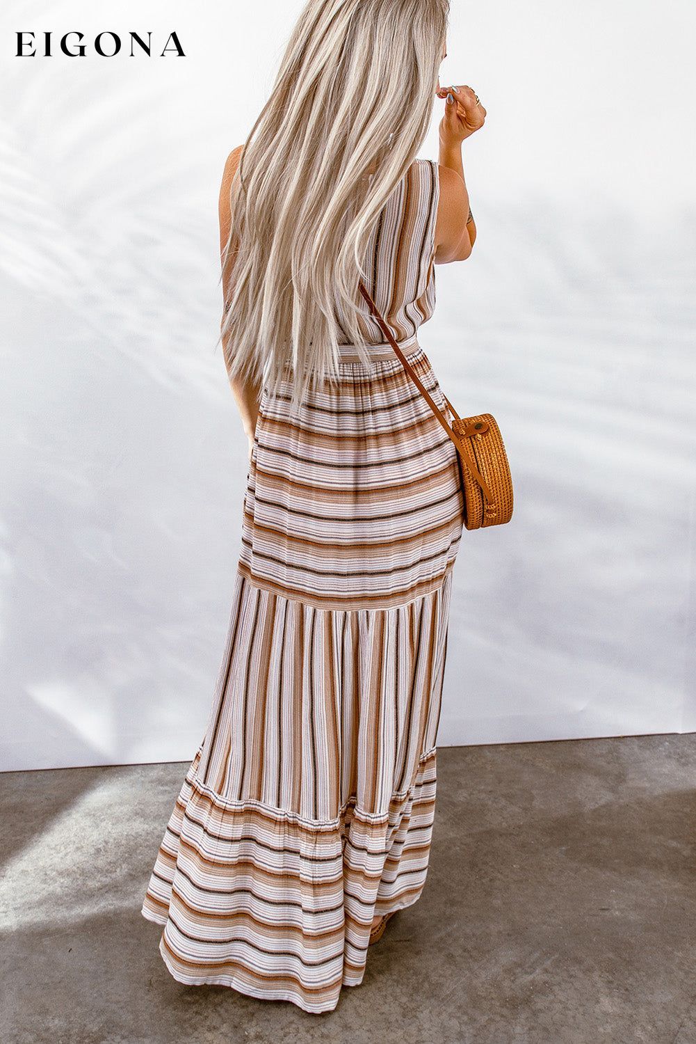 Striped Tie Waist Slit Sleeveless Dress casual dress casual dresses clothes dress dresses maxi dress maxi dresses Ship From Overseas SYNZ