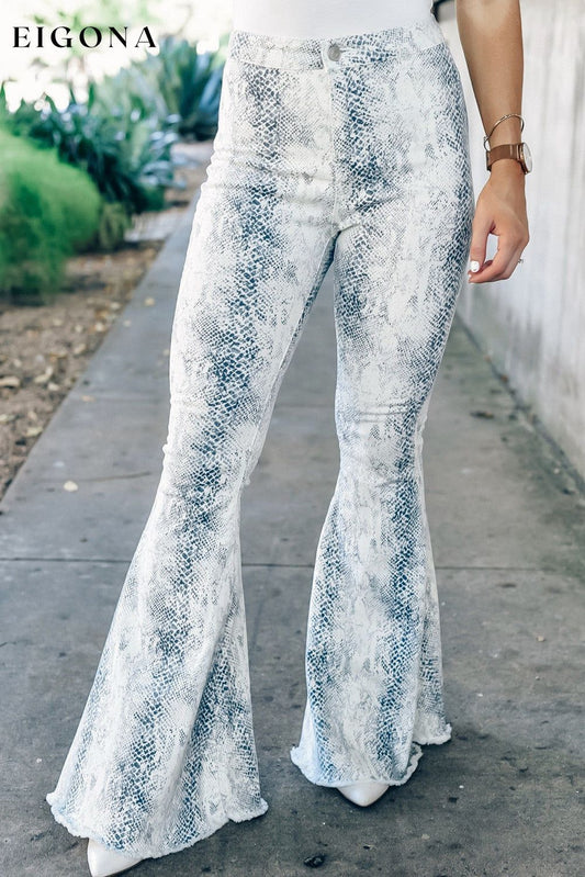 White Western Fashion High Waist Snakeskin Print Flare Pants White 98%Cotton+2%Elastane All In Stock bottoms clothes Flare Jeans Jeans Occasion Daily pants Season Fall & Autumn Silhouette Flare Style Western wide leg pants