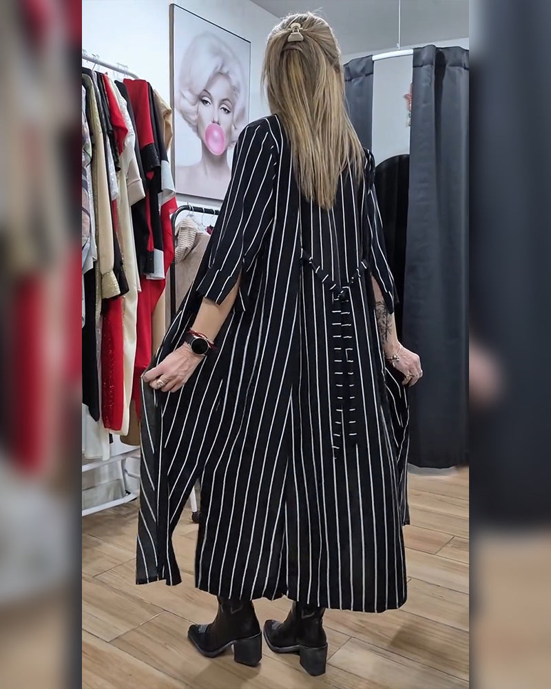 Shirt Collar Button Stripe Slit Coat