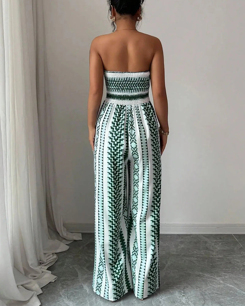 Geometric Bandeau Slit Wide Leg Jumpsuit
