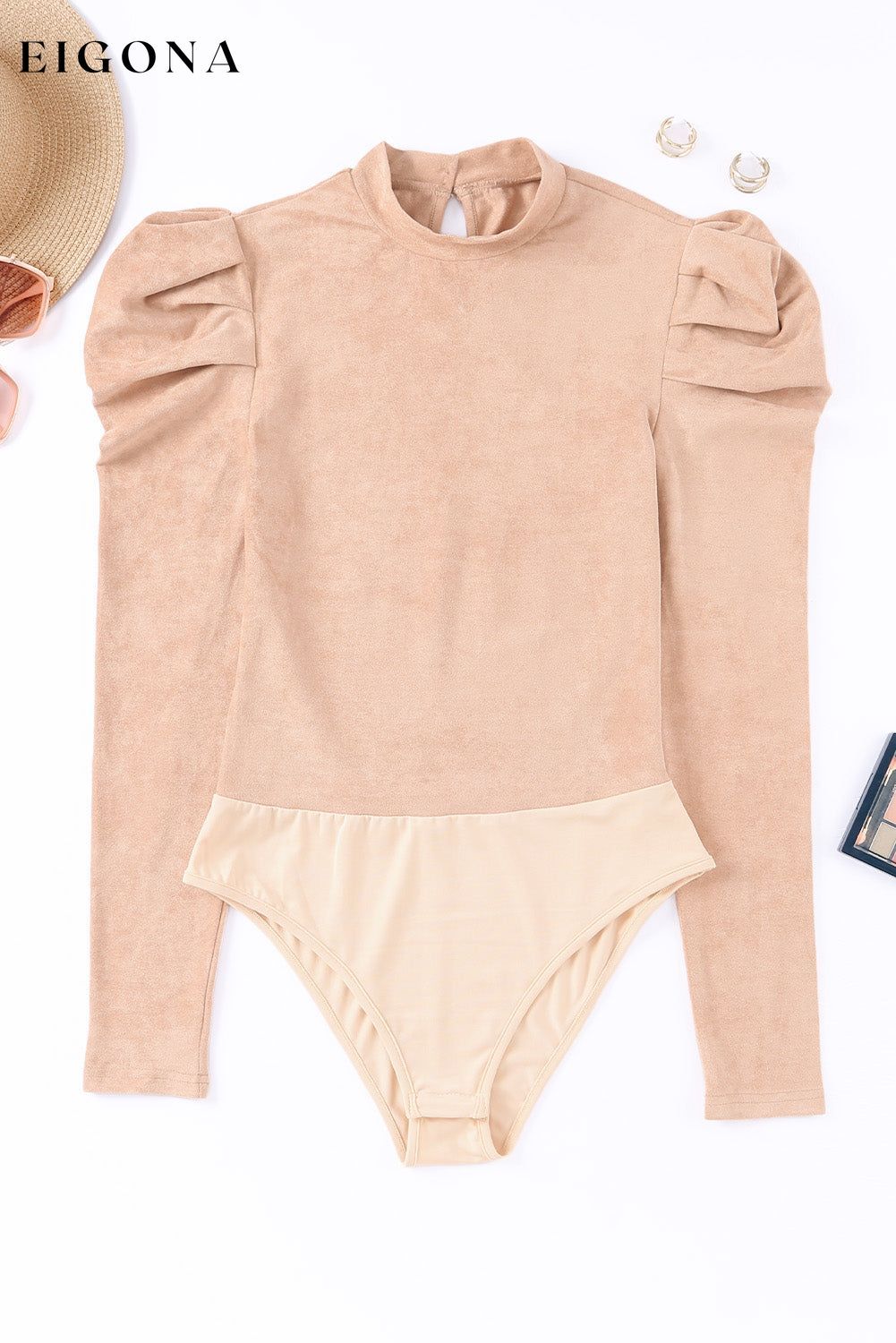Brown Puff Sleeve Suede Bodysuit bodysu bodysuit bodysuits clothes Color Khaki DL Exclusive Occasion Daily Occasion Office Print Solid Color Season Fall & Autumn Sleeve Puff sleeve Style Elegant