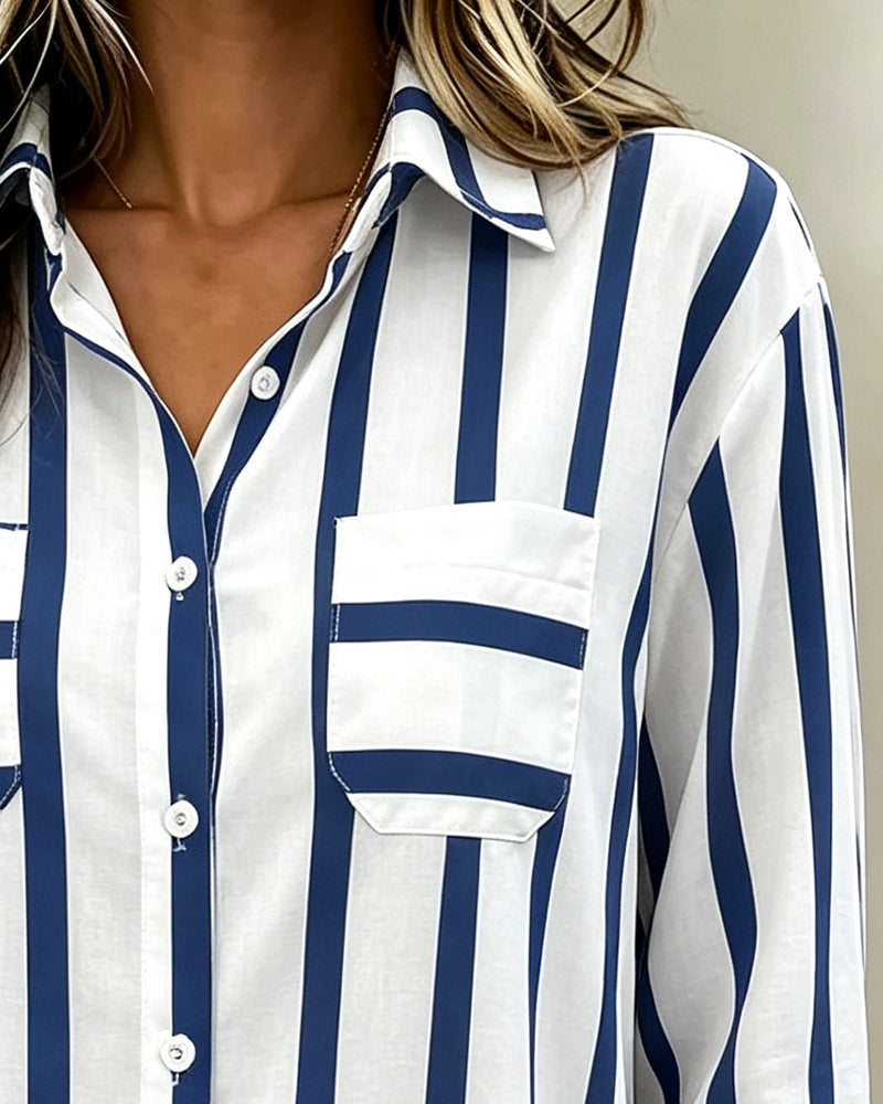 Lapel Striped Button-Down Blouse blouses & shirts spring summer