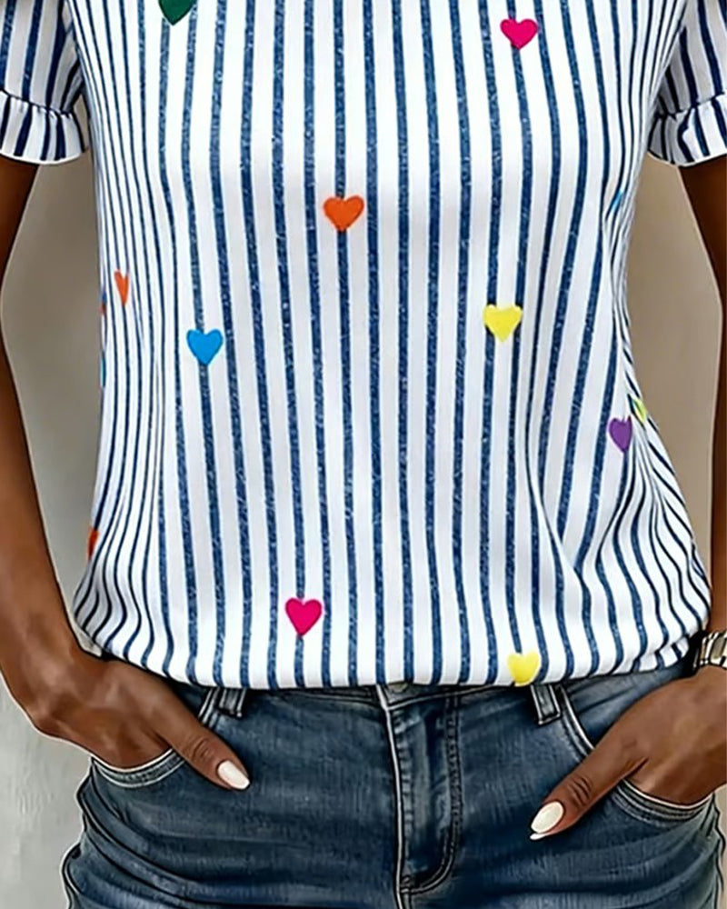 Striped Heart Ruffle Sleeve Blouse