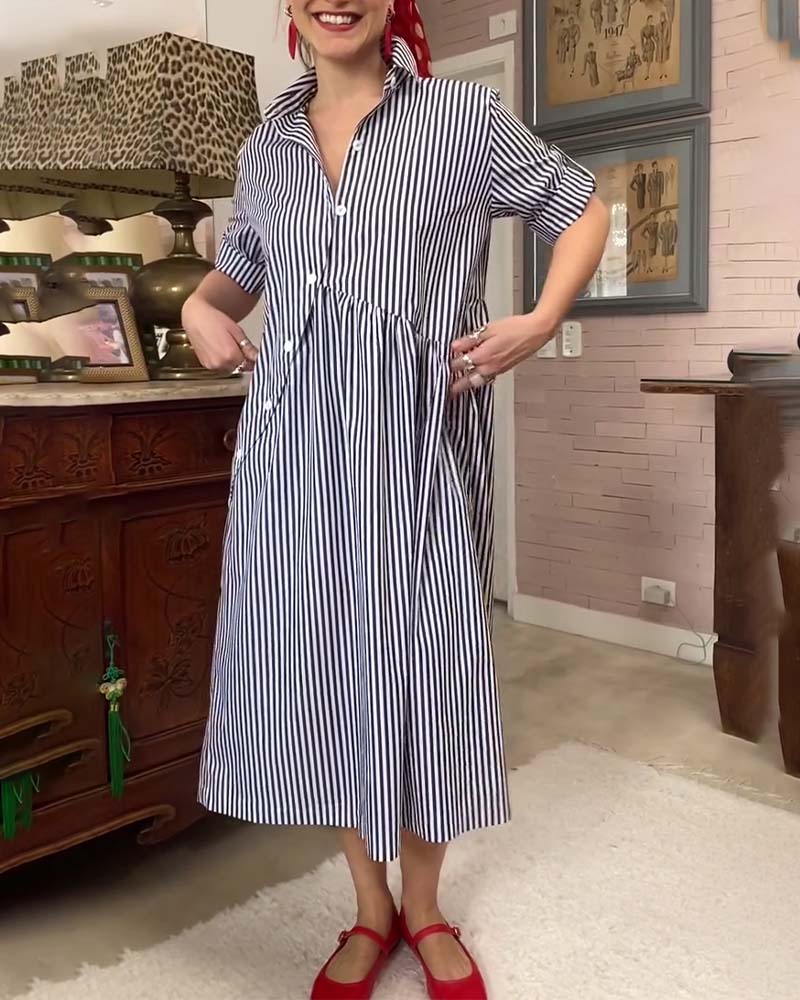 Collared Button-Down Striped Dress