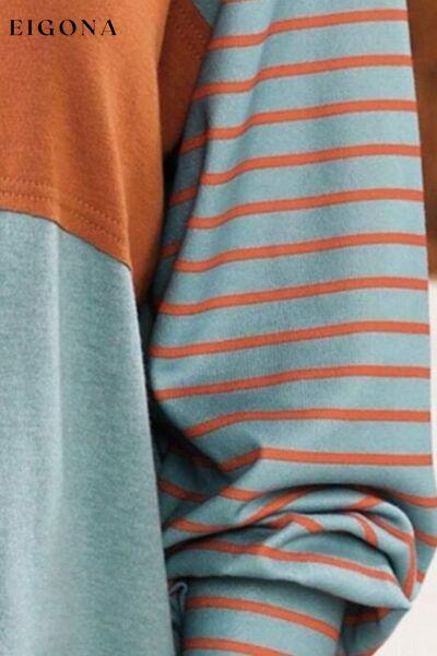Round Neck Striped Long Sleeve Slit T-Shirt A@X@E clothes long sleeve shirt long sleeve shirts long sleeve top long sleeve tops Ship From Overseas shirt shirts