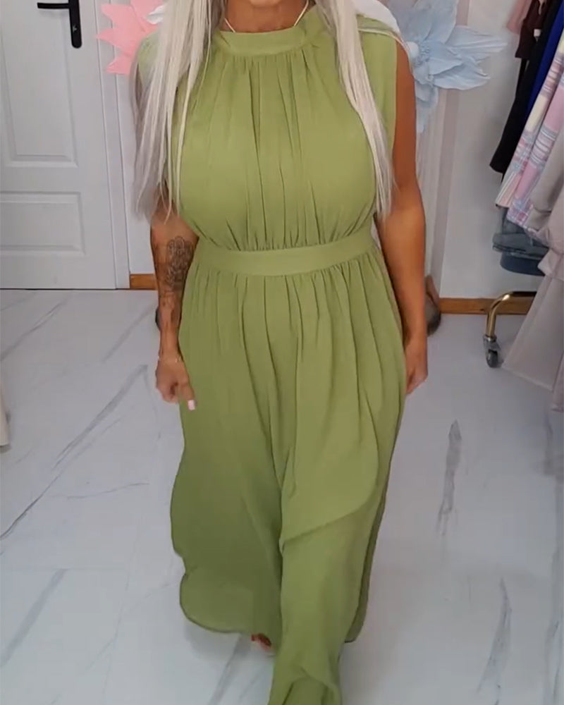 Solid-Color Sleeveless Waist-Cinching Maxi Dress