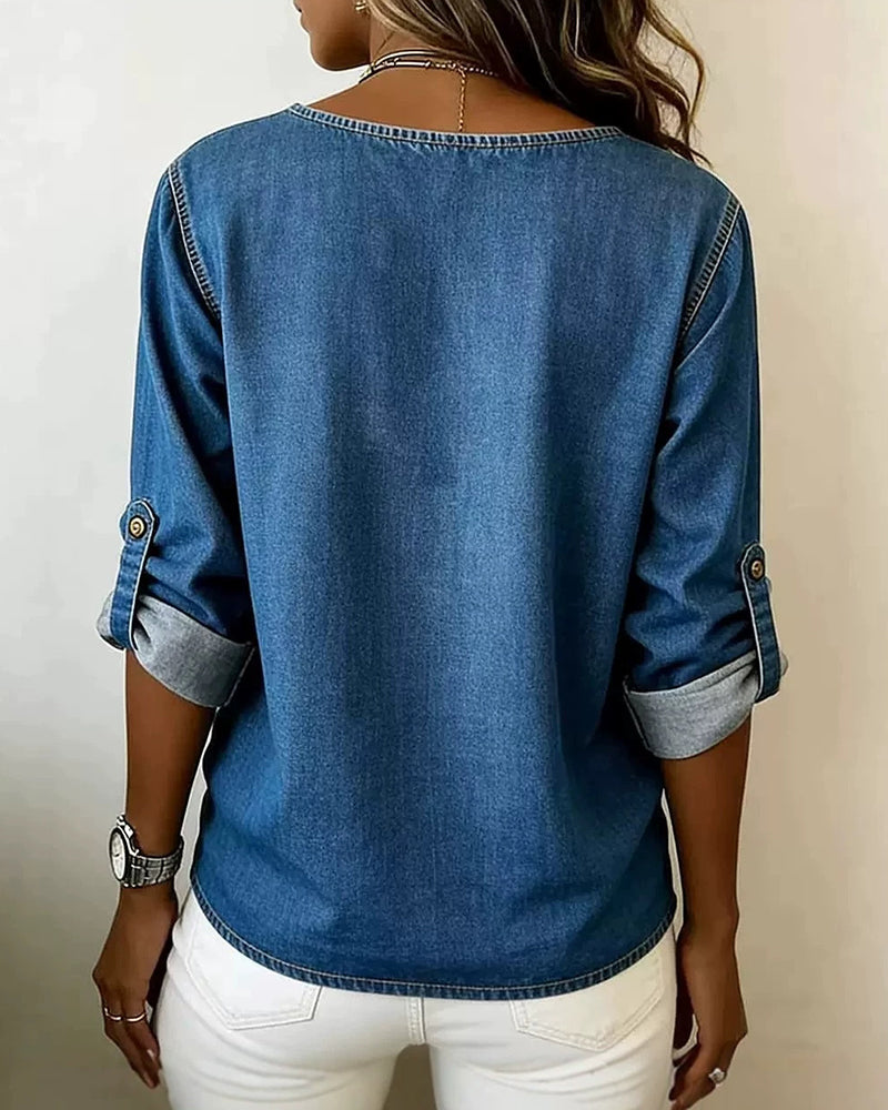 Round Neck Side Split Button Blouse