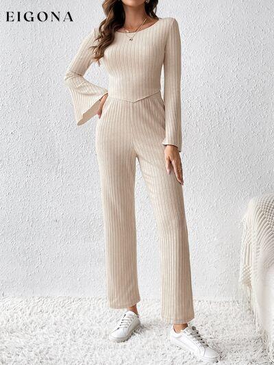 Ribbed Flare Sleeve Top and Pants Set, Loungewear Sets clothes lounge lounge wear lounge wear sets loungewear loungewear sets pajamas sets Ship From Overseas Z@Q