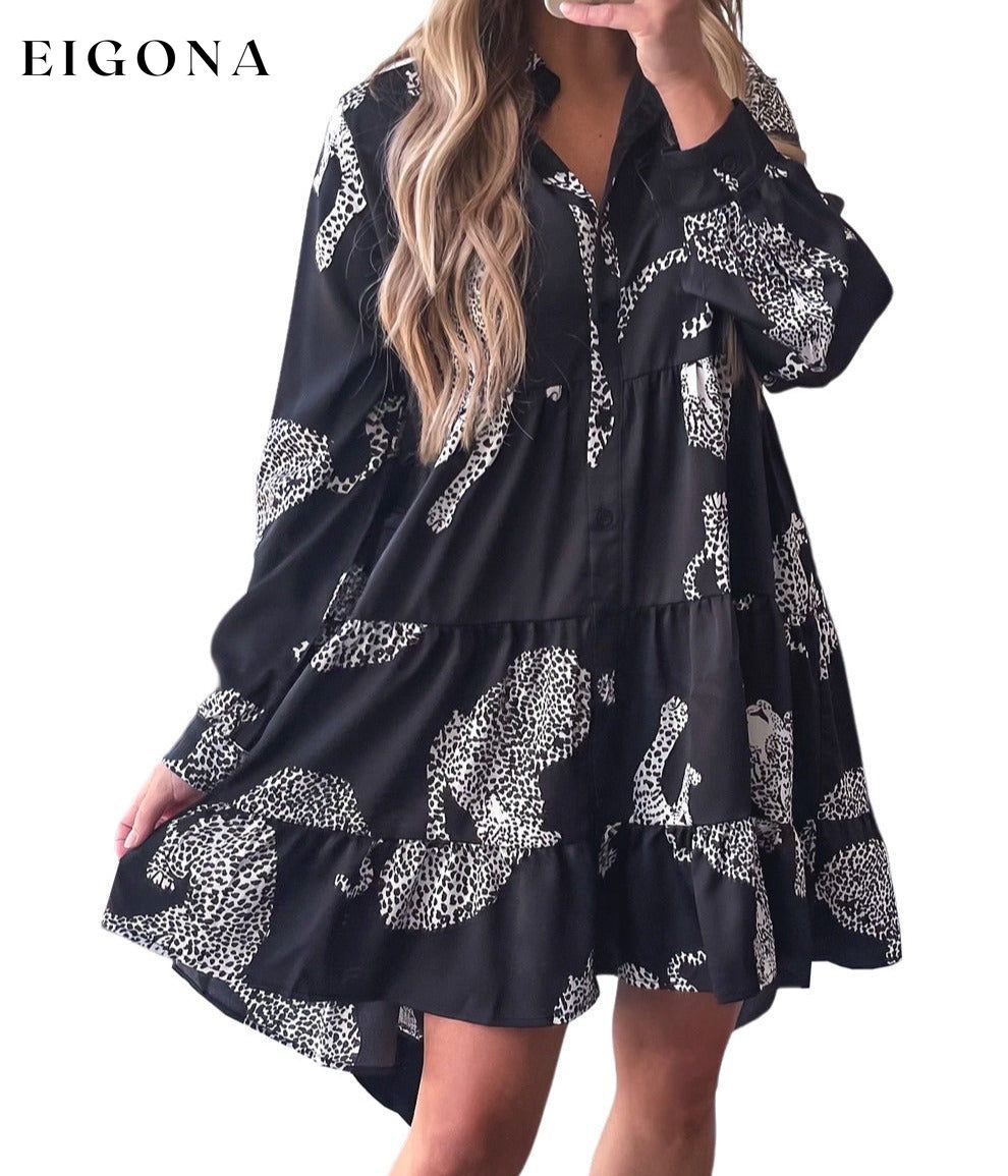 Black Leopard Print Button-up Long Sleeve Casual Dress casual dresses clothes dress dresses EDM Monthly Recomend long sleeve dress long sleeve dresses short dresses