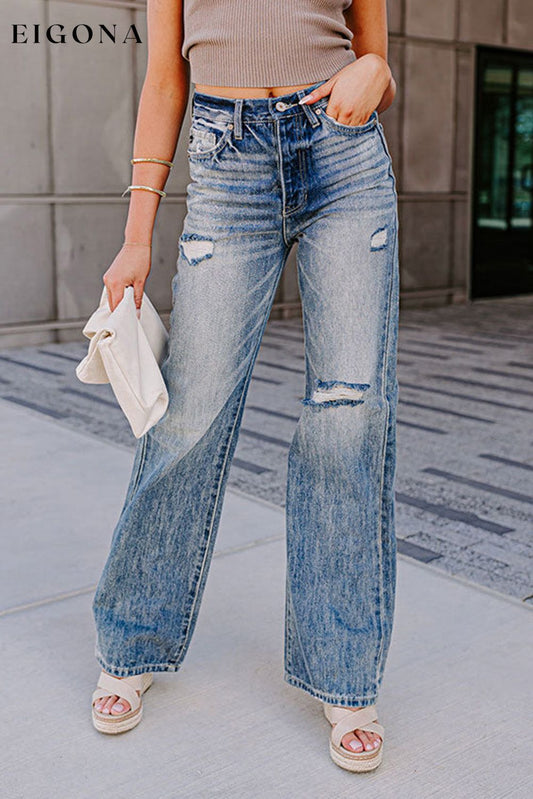Blue High Waist Distressed Straight Leg Washed Jeans Blue 71%Cotton+27.5%Polyester+1.5%Elastane bottom clothes Craft Distressed Fabric Denim high waisted legs pants jeans Occasion Daily pants Season Spring Silhouette Wide Leg Style Casual