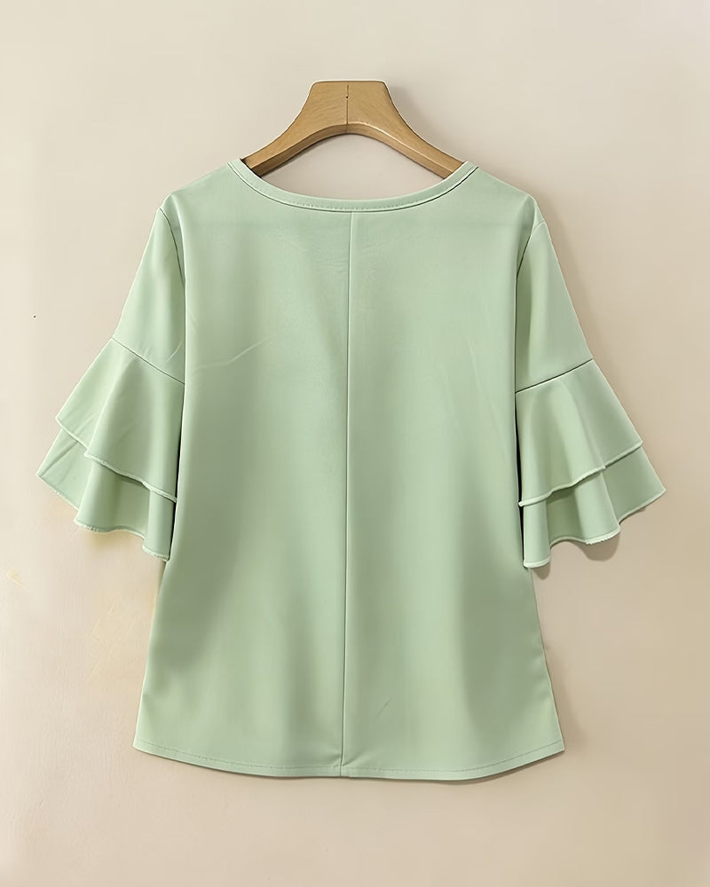 Crewneck Faux Pearl Button Ruffle Blouse