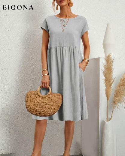 Round neck loose cotton and linen dress Gray 23BF casual dresses Clothes Cotton and Linen discount Dresses Spring summer