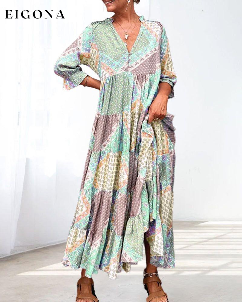 Color Block Print Dress with 3/4 Sleeves 23BF Casual Dresses Clothes Dresses Spring Summer