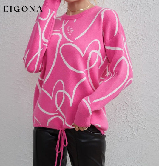 Heart Pattern Drawstring Hem Sweater Hot Pink One Size clothes H.Y@Maozhi Ship From Overseas Shipping Delay 10/01/2023 - 10/03/2023 sweater sweaters