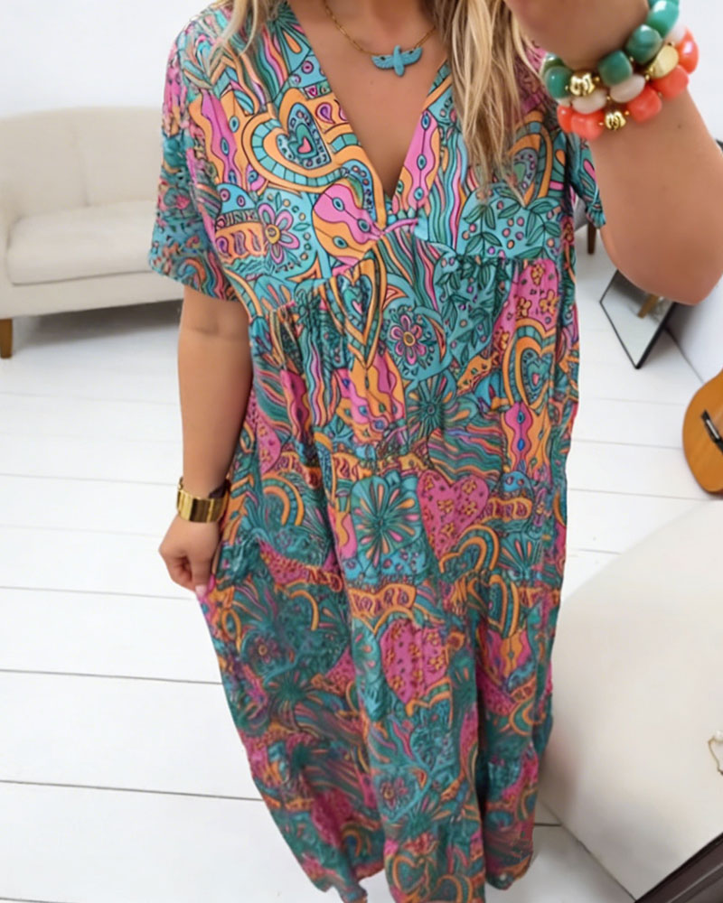 Heart Print V-Neck Maxi Dress