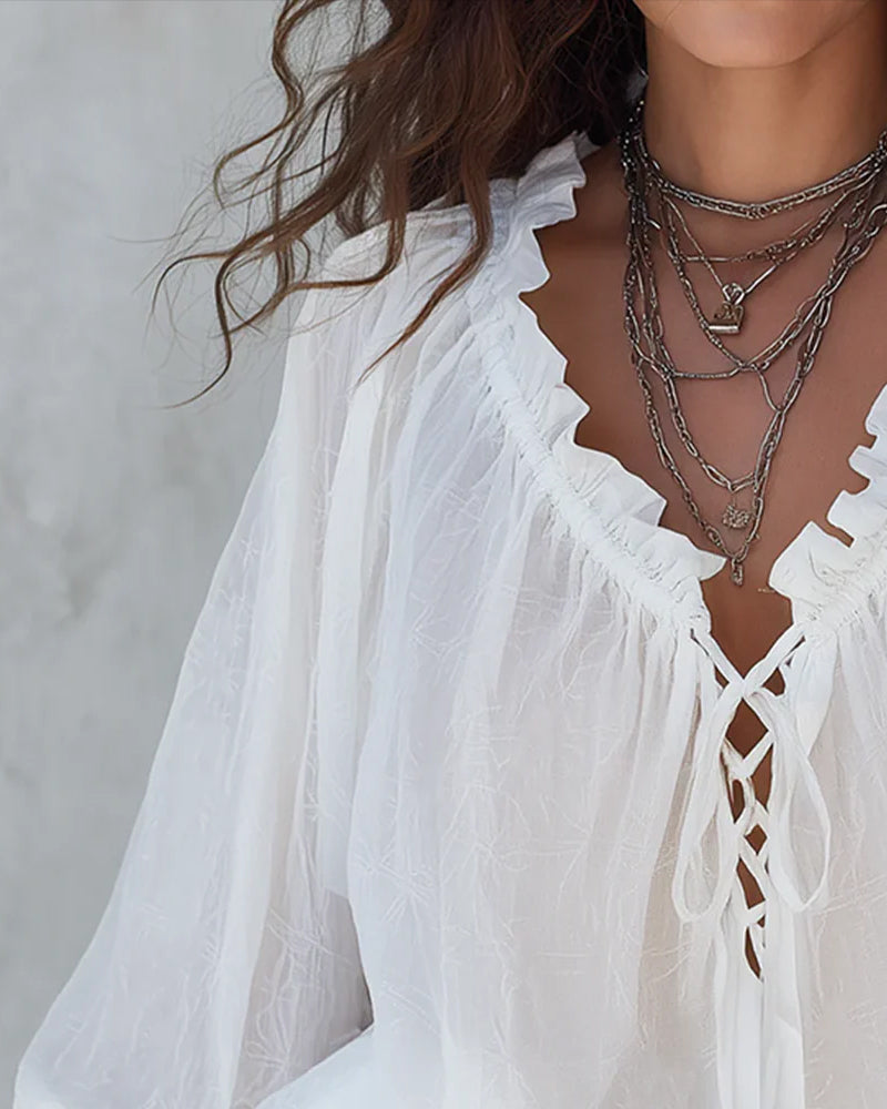 V-neck Lace Up Blouse