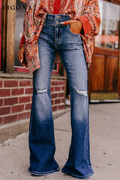 Sky Blue Button Fly Ripped High Waist Flare Jeans All In Stock Best Sellers bottoms clothes Color Blue Craft Distressed Fabric Denim Flare Jeans Jeans Occasion Daily pants Print Solid Color Season Fall & Autumn Silhouette Flare Style Western