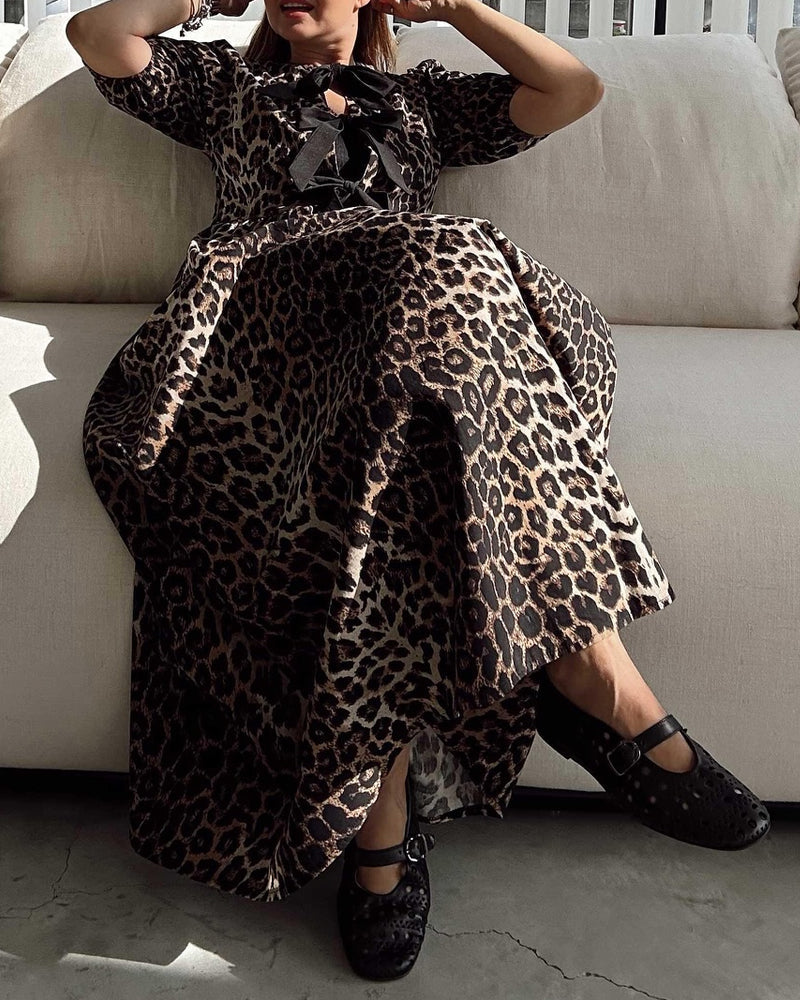 Vintage leopard print bow elegant dress 202466 casual dresses summer