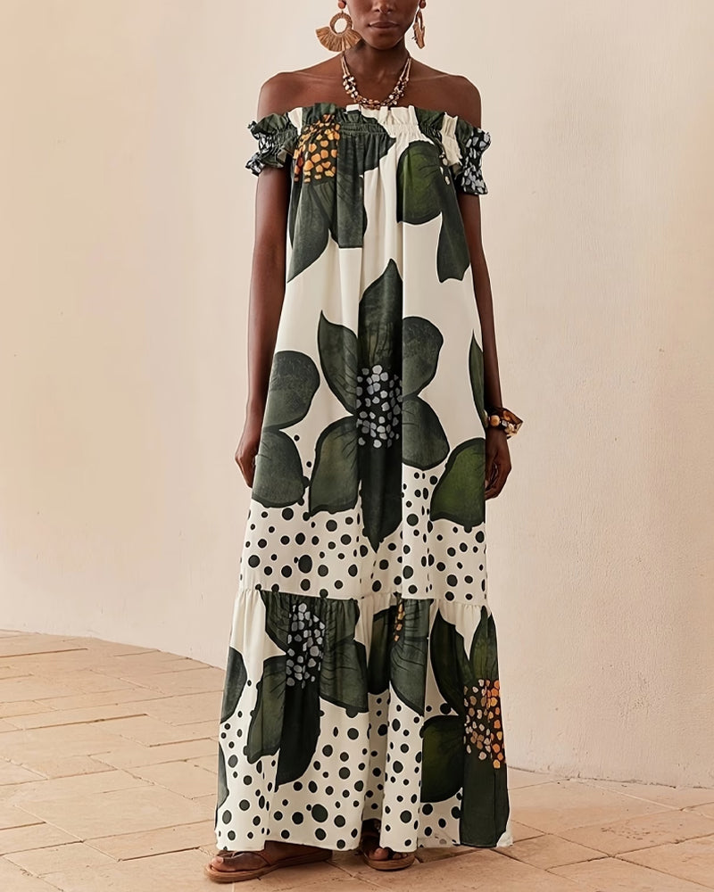 One Shoulder Polka Dot Floral Maxi Dress